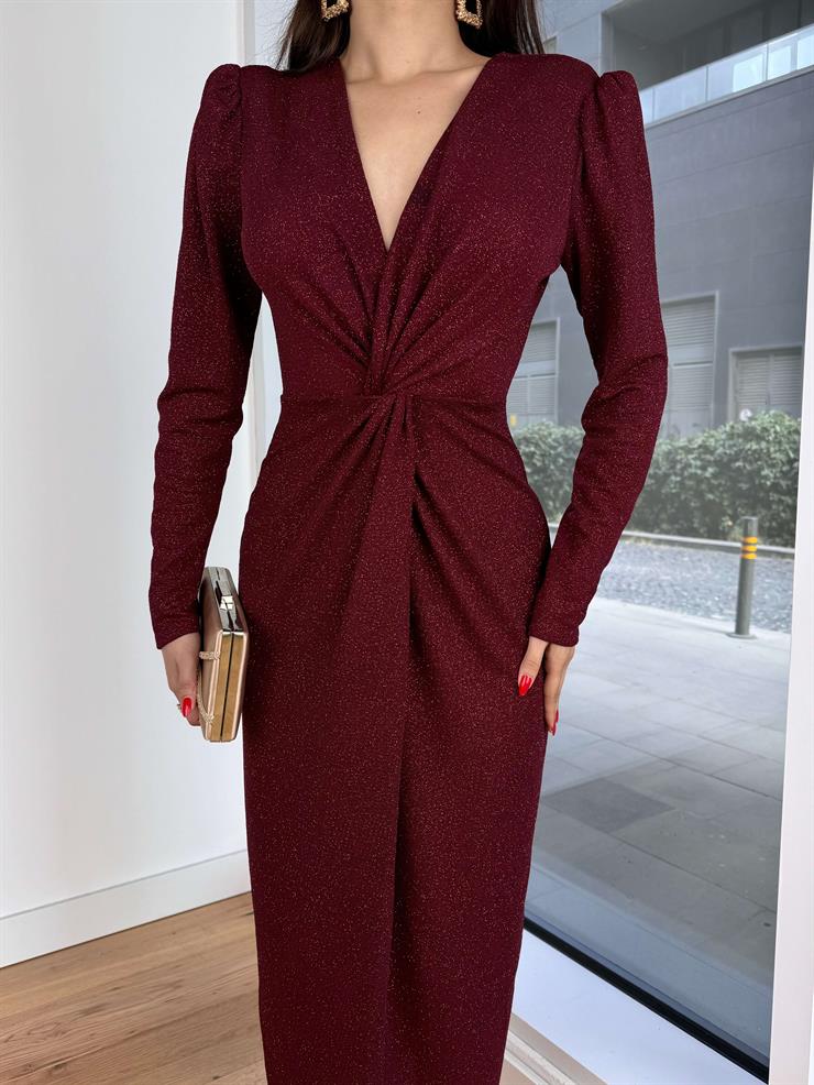 V Yaka Önü Büzgü Detaylı Holman Bordo Kadın Elbise 25K303