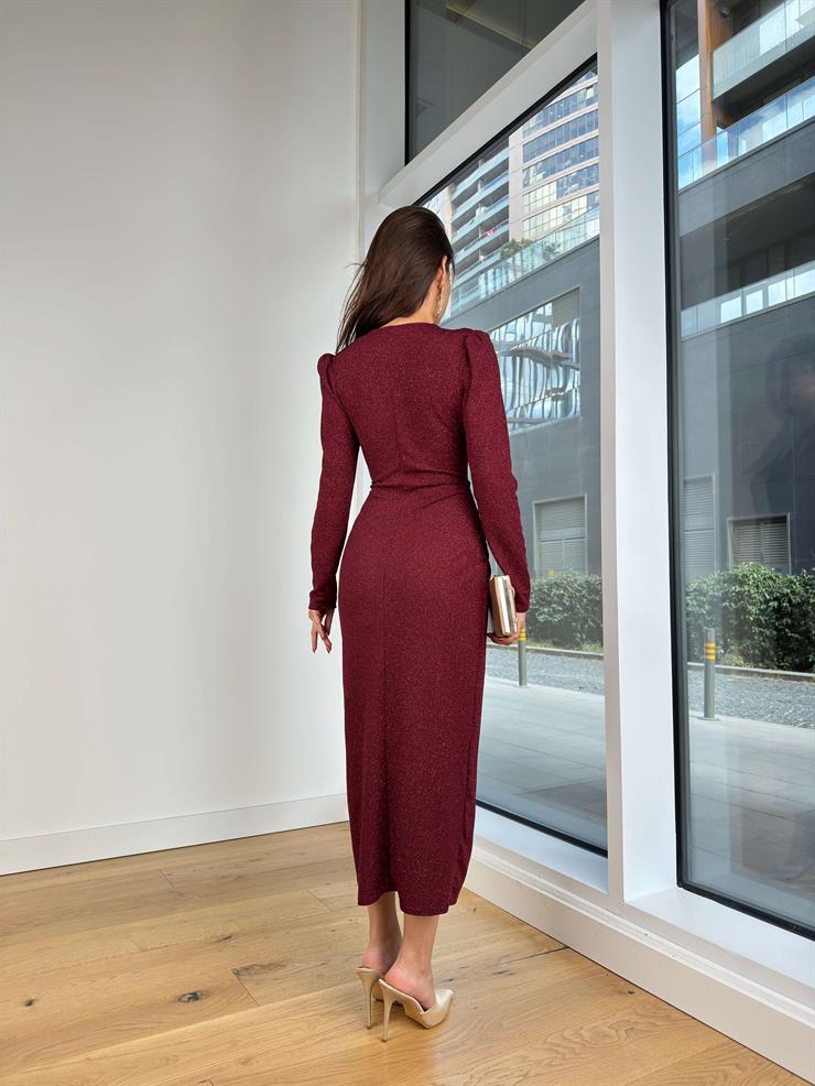 V Yaka Önü Büzgü Detaylı Holman Bordo Kadın Elbise 25K303