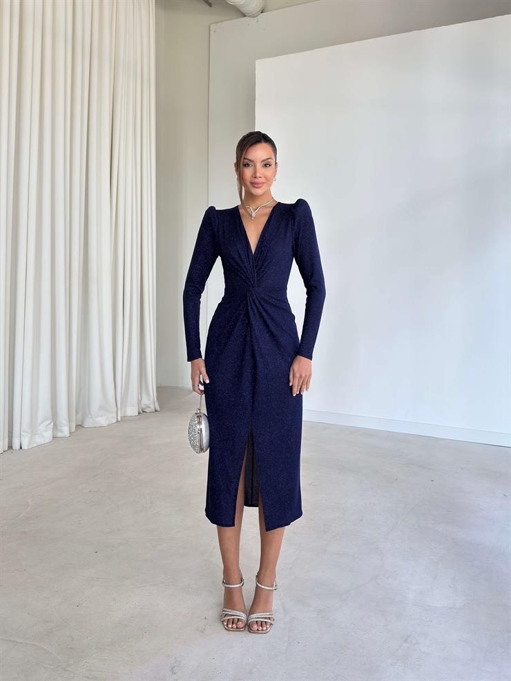 Parlak V Yaka Drape Detaylı Holman Lacivert Kadın Elbise 26K291