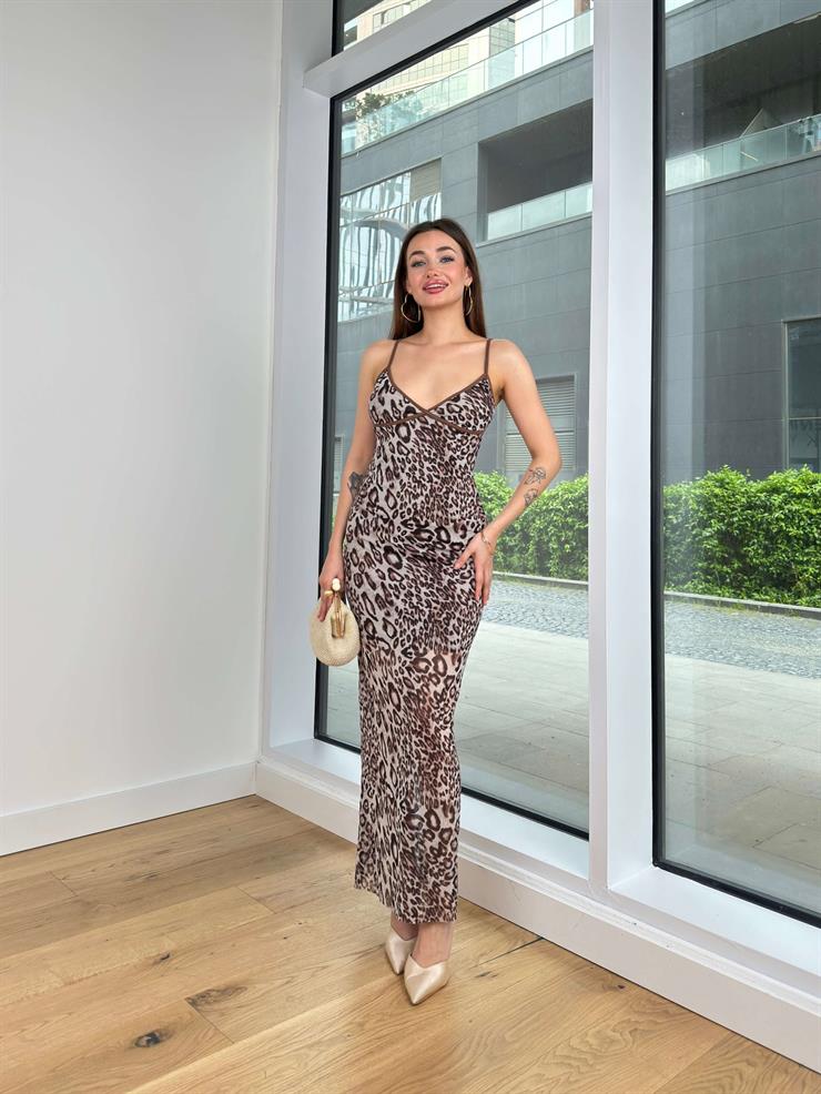 İnce Askılı V Yaka Honza Kadın Kahve Maxi Elbise 24Y457