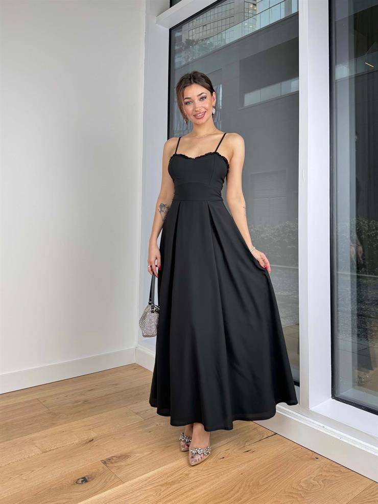 İnce Ayarlanabilir Askılı Kalp Yaka Hubert Kadın Siyah Elbise 24Y129