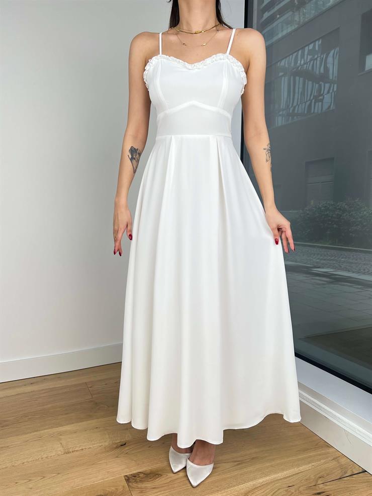 İnce Ayarlanabilir Askılı Kalp Yaka Hubert Kadın Beyaz Elbise 24Y129