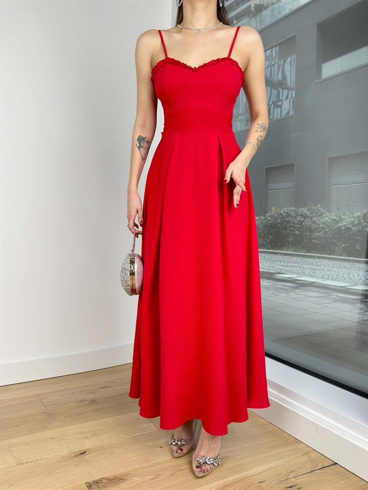 İnce Ayarlanabilir Askılı Kalp Yaka Hubert Kadın Kırmızı Elbise 24Y129