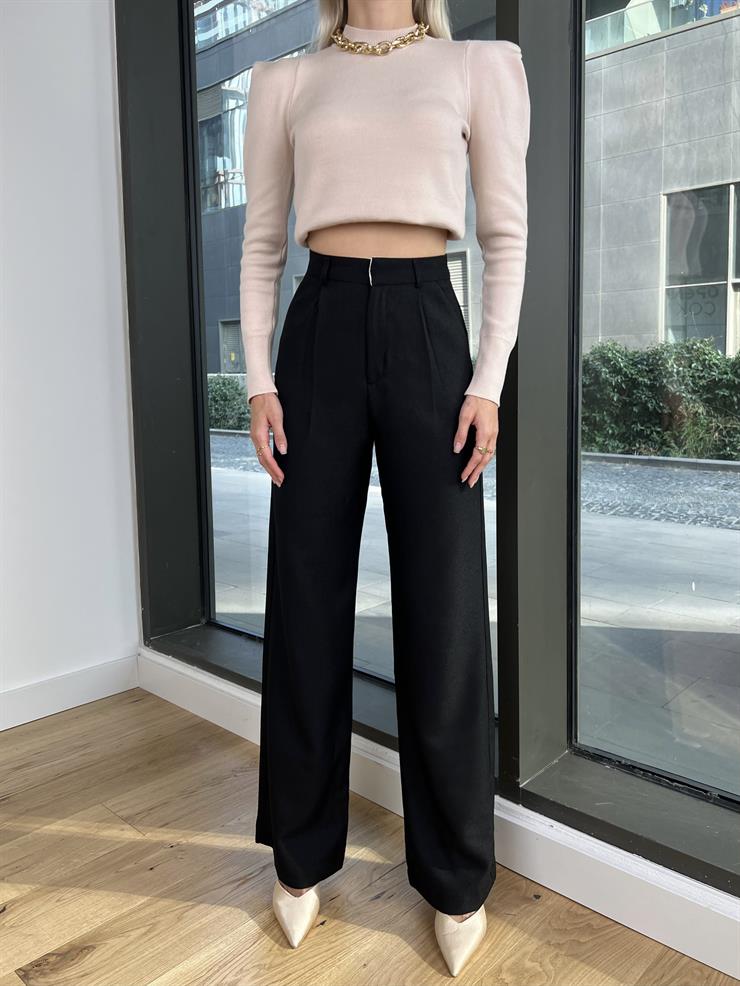 Yüksek Bel Bol Paçalı Pens Detaylı Hudson Kadın Siyah Pantolon 24k000100