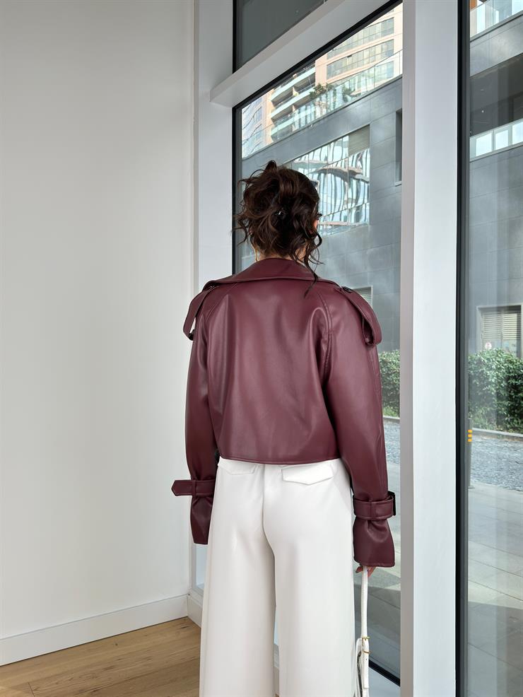 Vegan Deri Kol Ucu Kemer Detaylı Ibhar Bordo Kadın Crop Deri Ceket 25K208