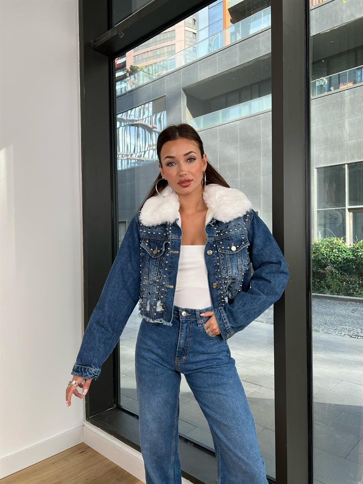 İçi Sökülebilir Kürklü Zımbalı Kadın Mavi Kot Ceket 24k000184