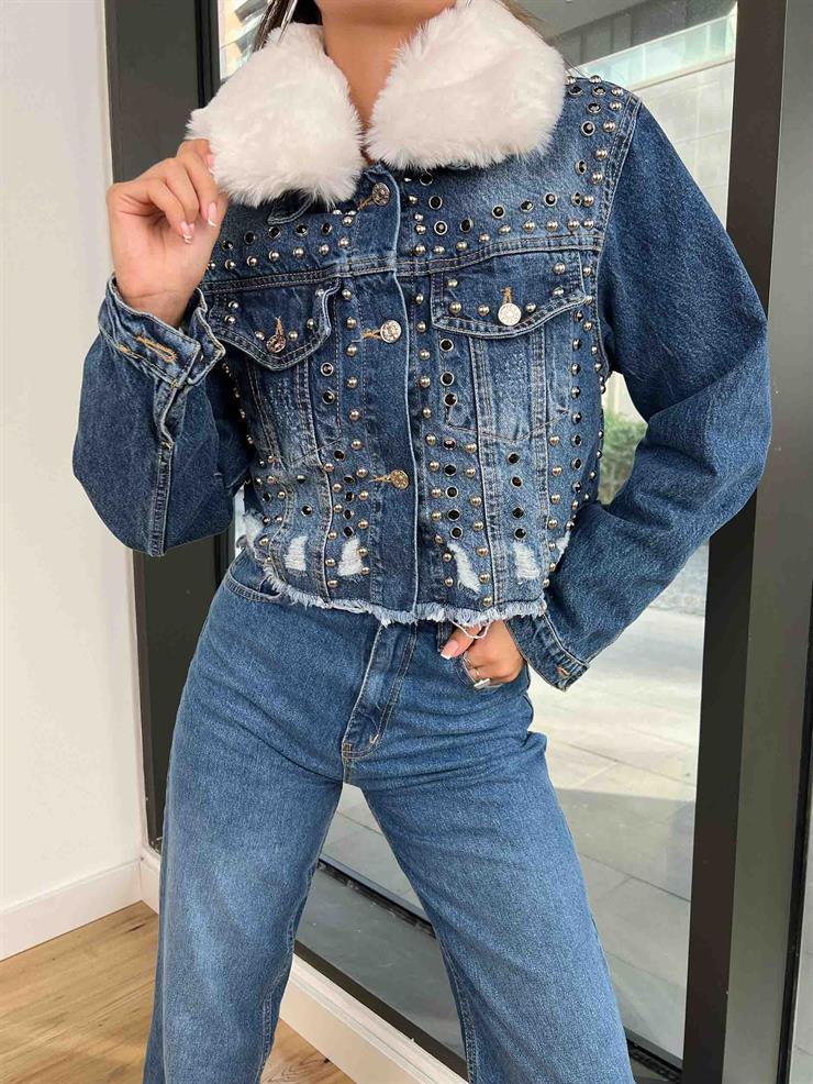 İçi Sökülebilir Kürklü Zımbalı Kadın Mavi Kot Ceket 24k000184