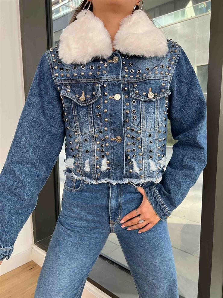 İçi Sökülebilir Kürklü Zımbalı Kadın Mavi Kot Ceket 24k000184