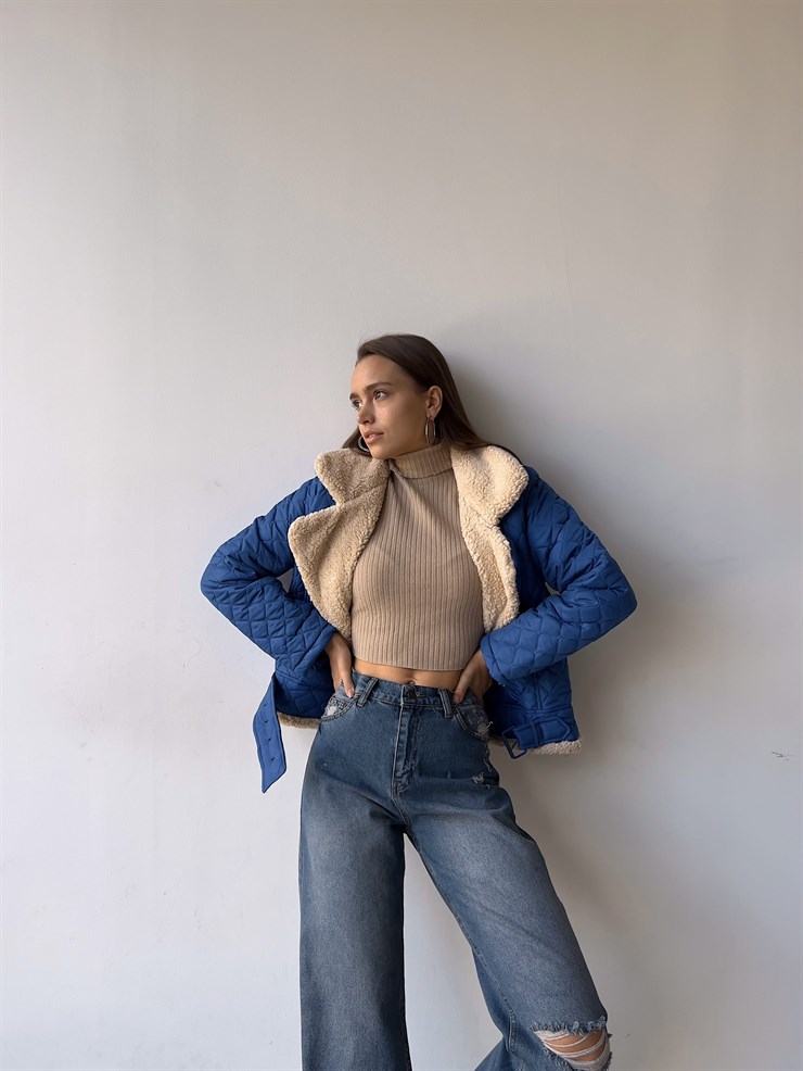 İçi Vegan Kürklü Çıtçıt Kapamalı Ve Kemerli Kapitone Jianna Kadın Saks Mont 23K000066