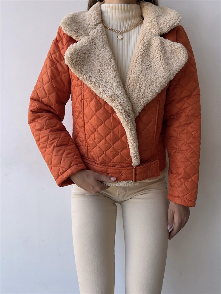 İçi Vegan Kürklü Çıtçıt Kapamalı Ve Kemerli Kapitone Jianna Kadın Turuncu Mont 23K000066