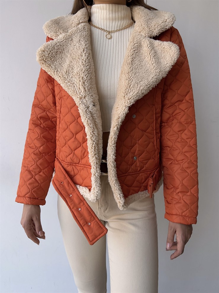 İçi Vegan Kürklü Çıtçıt Kapamalı Ve Kemerli Kapitone Jianna Kadın Turuncu Mont 23K000066