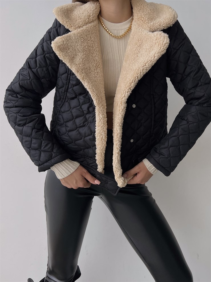 İçi Vegan Kürklü Çıtçıt Kapamalı Ve Kemerli Kapitone Jianna  Kadın Siyah Mont 23K000066