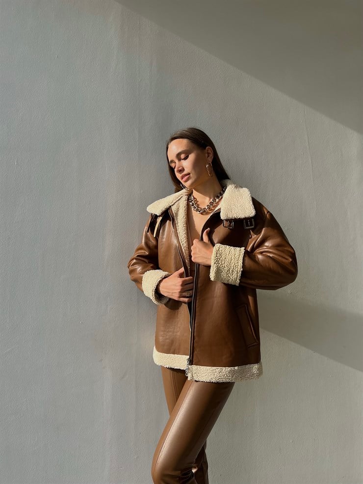 İçi Vegan Kürklü Fermuar Kapamalı Elenilso Kadın Taba Vegan Deri Mont 23K000146