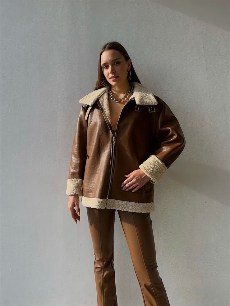 İçi Vegan Kürklü Fermuar Kapamalı Elenilso Kadın Taba Vegan Deri Mont 23K000146