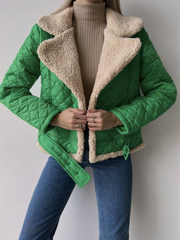 İçi Vegan Kürklü Önü Çıtçıt Kapamalı Ve Kemerli Kapitone Jianna Kadın Yeşil Mont 23K000066