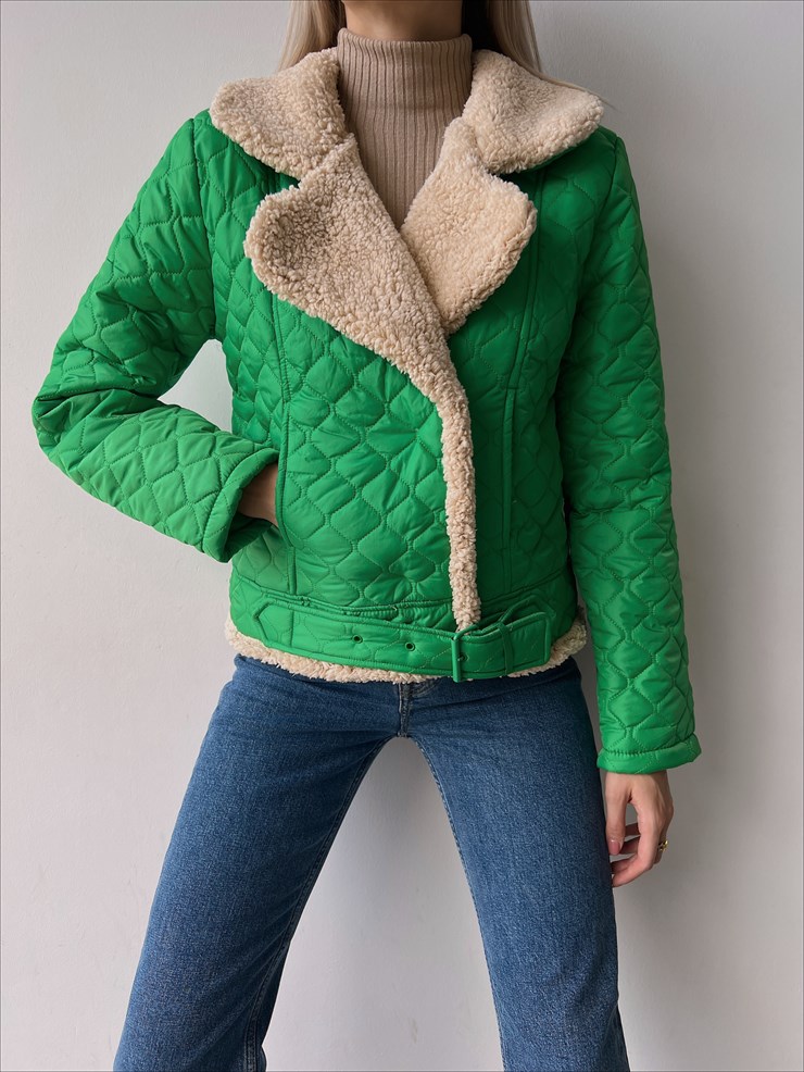 İçi Vegan Kürklü Önü Çıtçıt Kapamalı Ve Kemerli Kapitone Jianna Kadın Yeşil Mont 23K000066