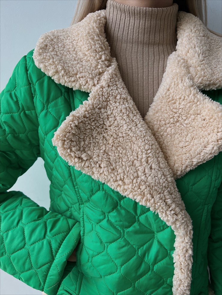 İçi Vegan Kürklü Önü Çıtçıt Kapamalı Ve Kemerli Kapitone Jianna Kadın Yeşil Mont 23K000066