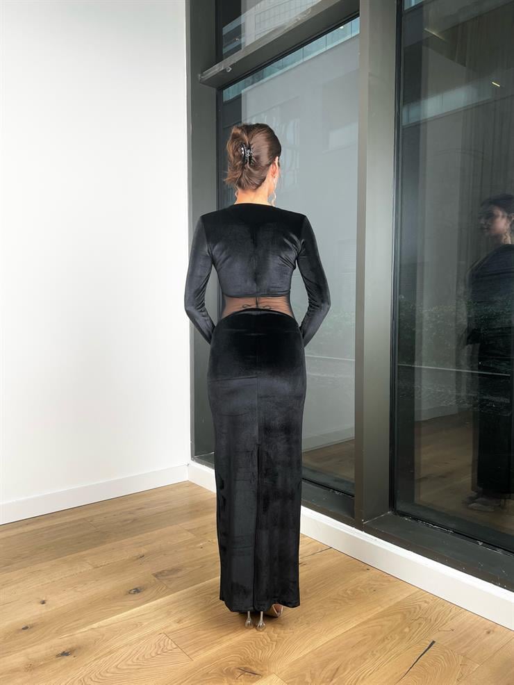 Derin V Yaka Beli Transparan Ida Kadın Siyah Kadife Elbise 24k344