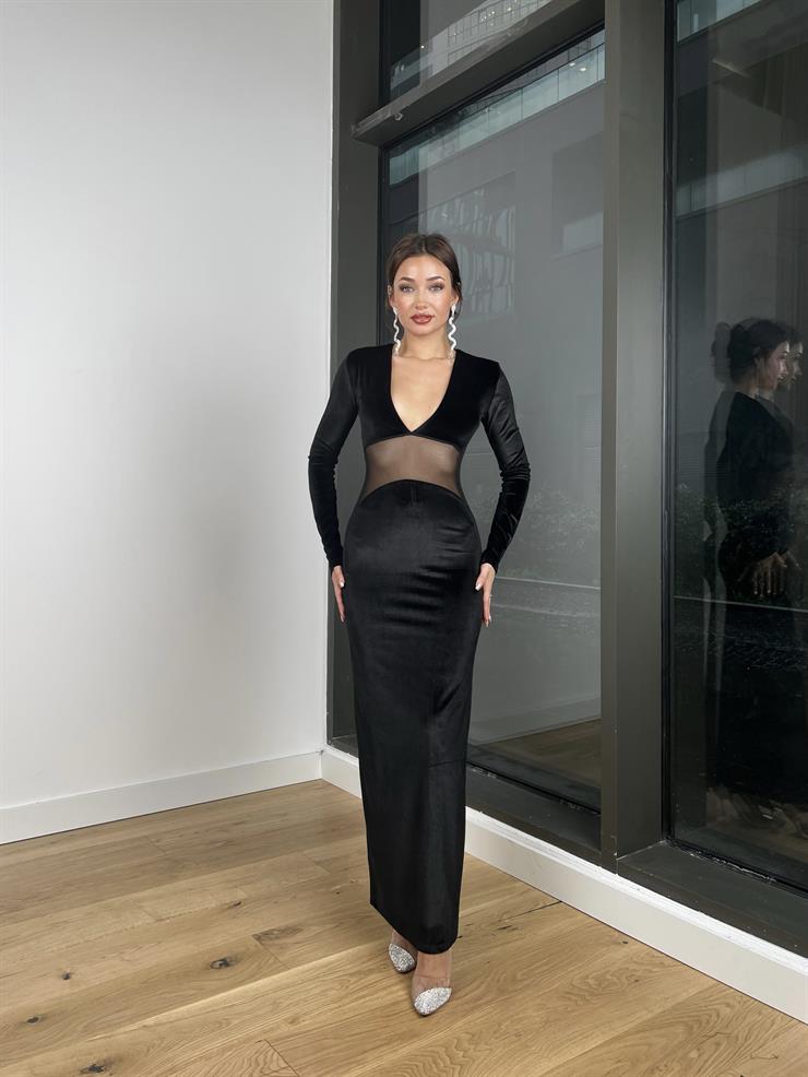 Derin V Yaka Beli Transparan Ida Kadın Siyah Kadife Elbise 24k344