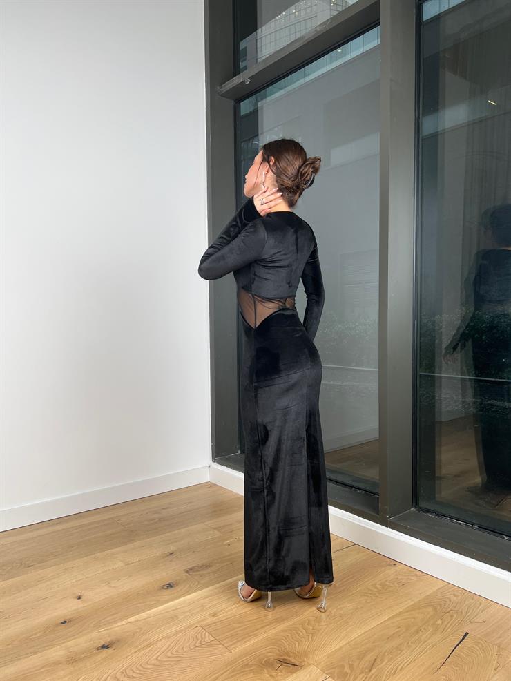 Derin V Yaka Beli Transparan Ida Kadın Siyah Kadife Elbise 24k344