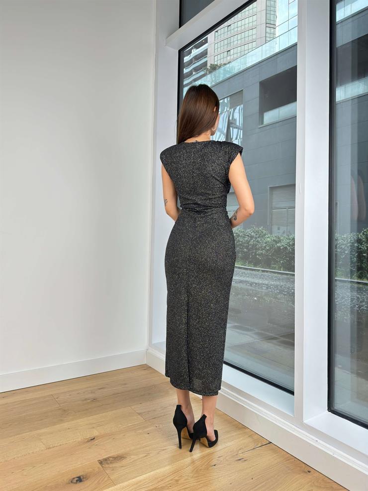 Omuz Vatkalı Simli Igor Kadın Siyah Elbise 24Y145