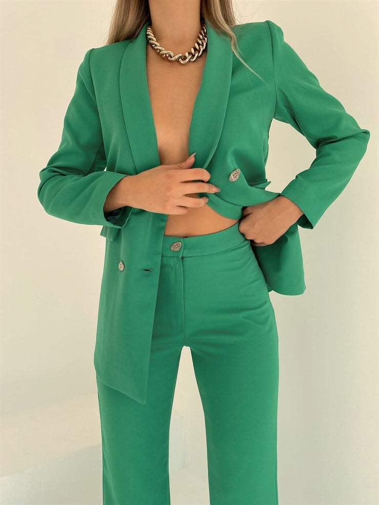 Kruvaze Yaka Önü Düğme Kapamalı Monalisa Kadın Yeşil İkili Takım 22K000123