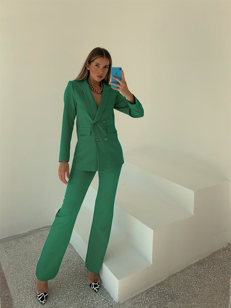 Kruvaze Yaka Önü Düğme Kapamalı Monalisa Kadın Yeşil İkili Takım 22K000123