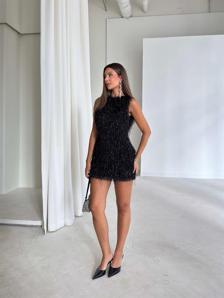 Püsküllü Kalın Askılı İlden Siyah Kadın Elbise 26K092