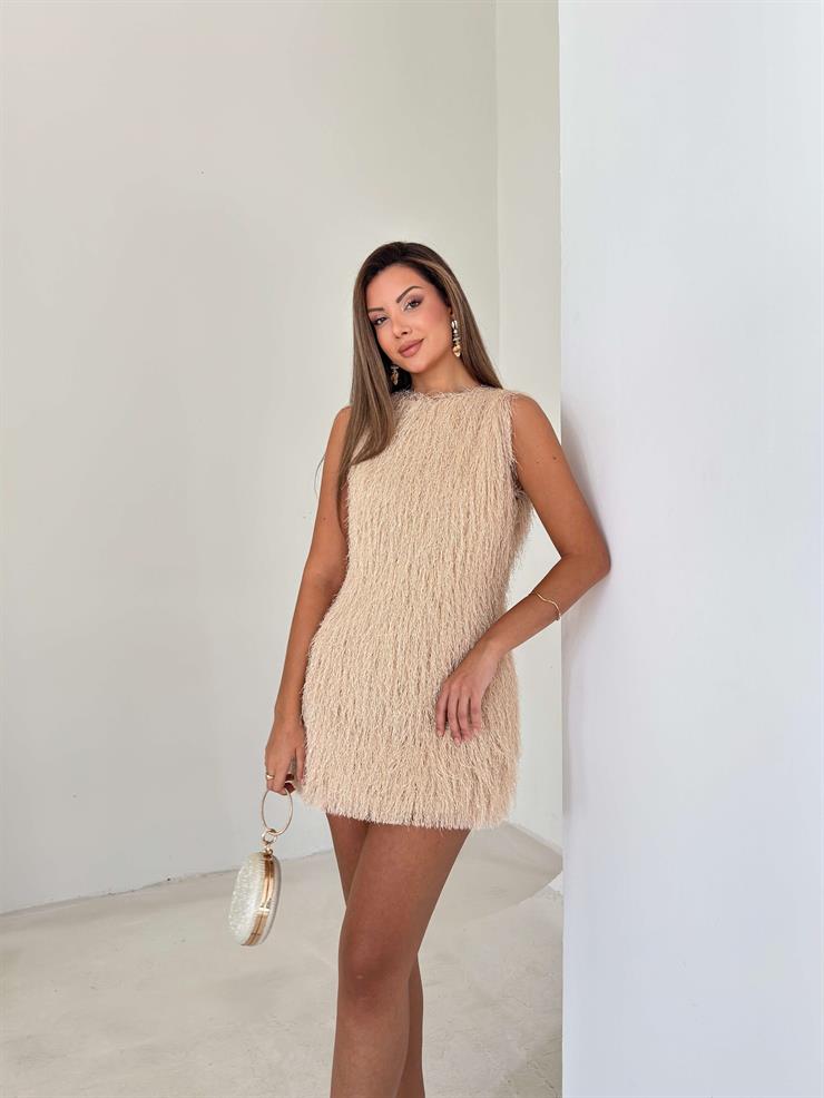 Püsküllü Kalın Askılı İlden Bej Kadın Elbise 26K092