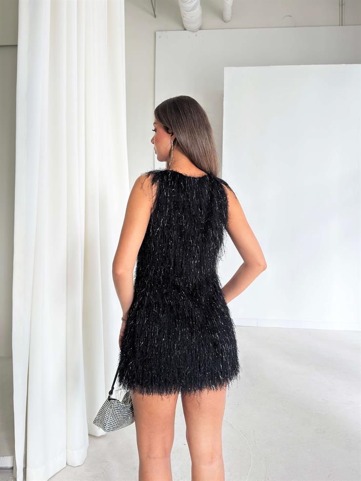 Püsküllü Kalın Askılı İlden Siyah Kadın Elbise 26K092