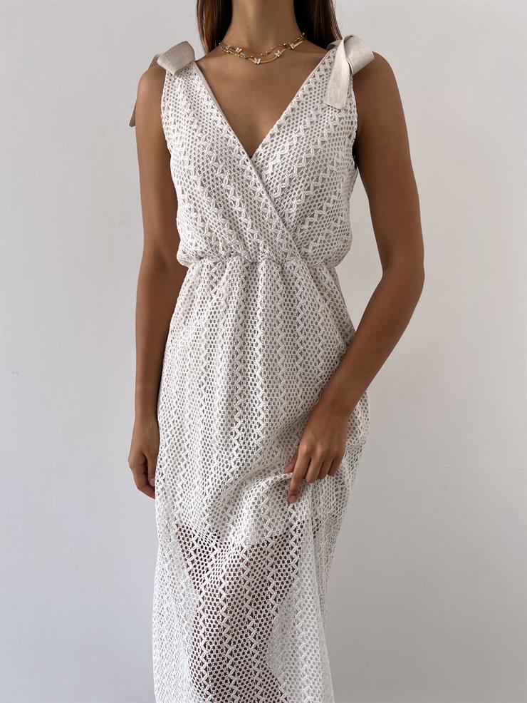 V Yaka Bağlama Detaylı Kalın Askılı İlyana Kadın Taş Elbise 23Y000486