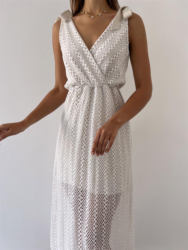 V Yaka Bağlama Detaylı Kalın Askılı İlyana Kadın Taş Elbise 23Y000486