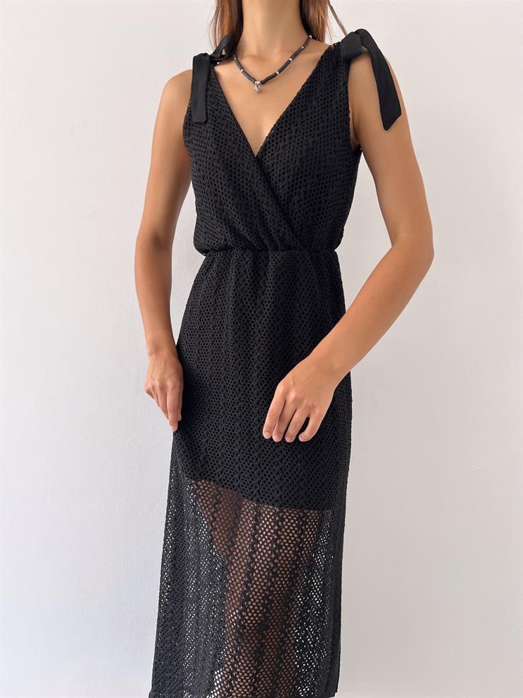 V Yaka Bağlama Detaylı Kalın Askılı İlyana Kadın Siyah Elbise 23Y000486