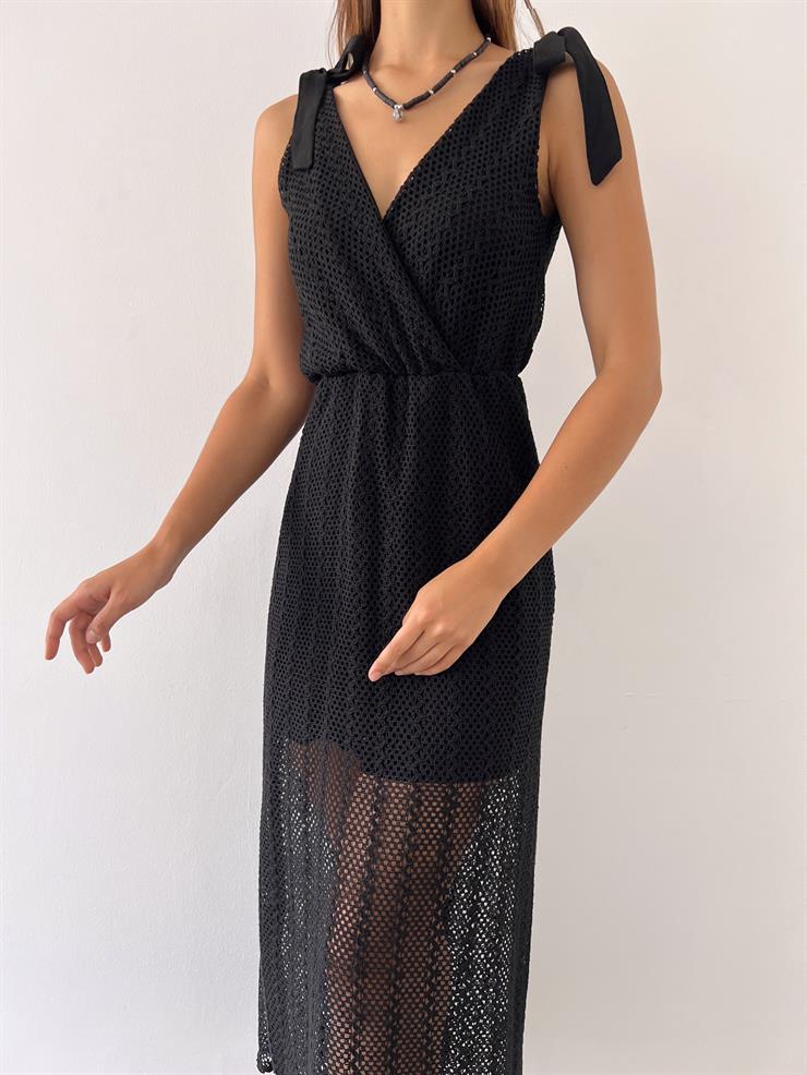 V Yaka Bağlama Detaylı Kalın Askılı İlyana Kadın Siyah Elbise 23Y000486