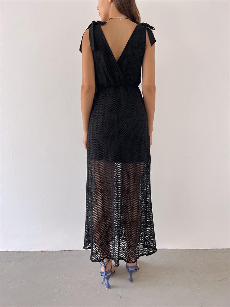 V Yaka Bağlama Detaylı Kalın Askılı İlyana Kadın Siyah Elbise 23Y000486