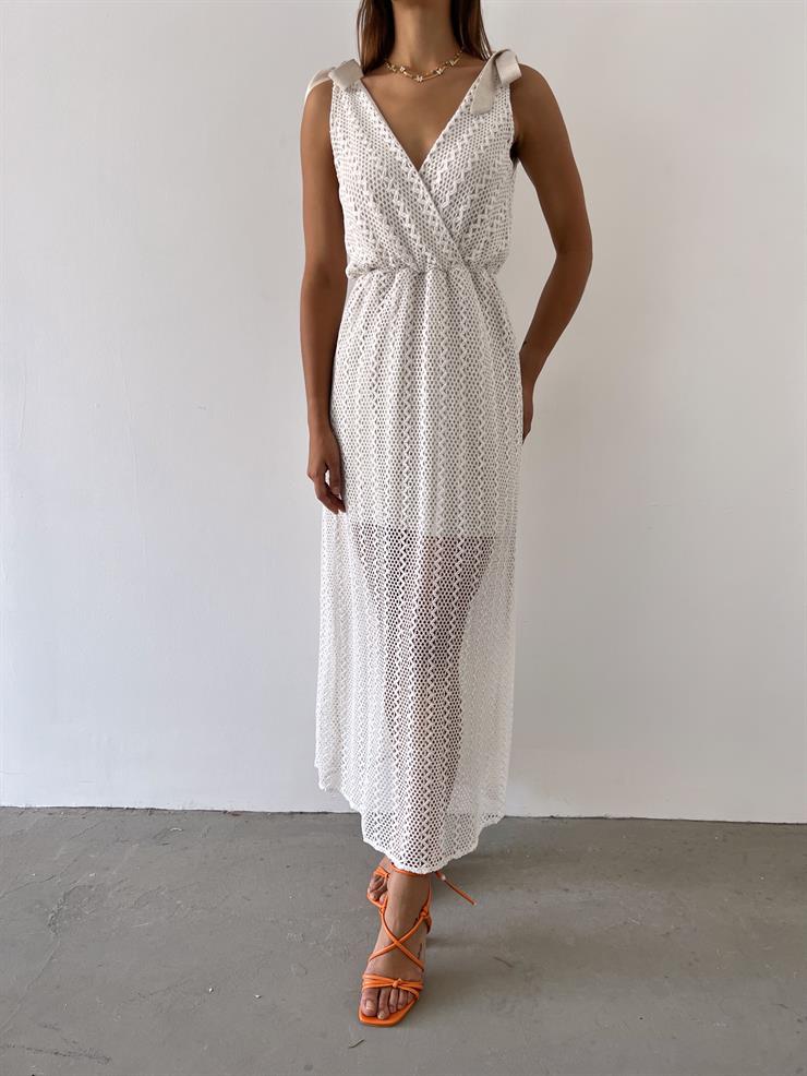 V Yaka Bağlama Detaylı Kalın Askılı İlyana Kadın Taş Elbise 23Y000486