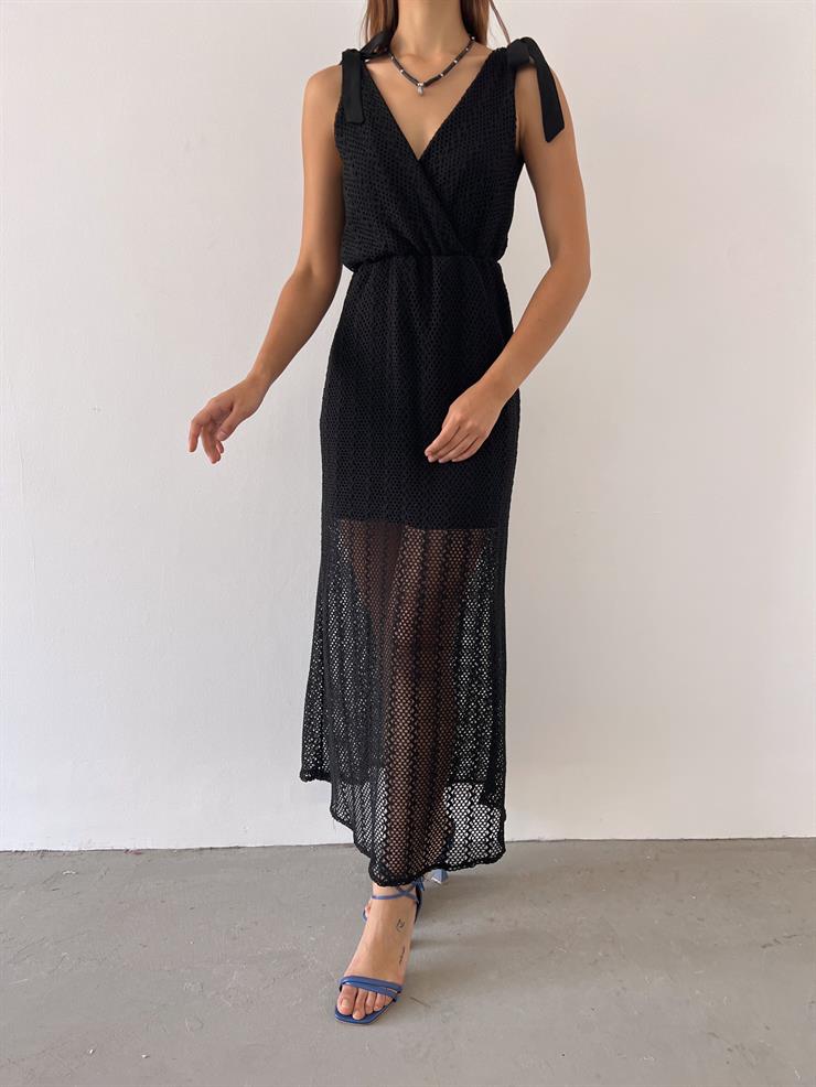 V Yaka Bağlama Detaylı Kalın Askılı İlyana Kadın Siyah Elbise 23Y000486