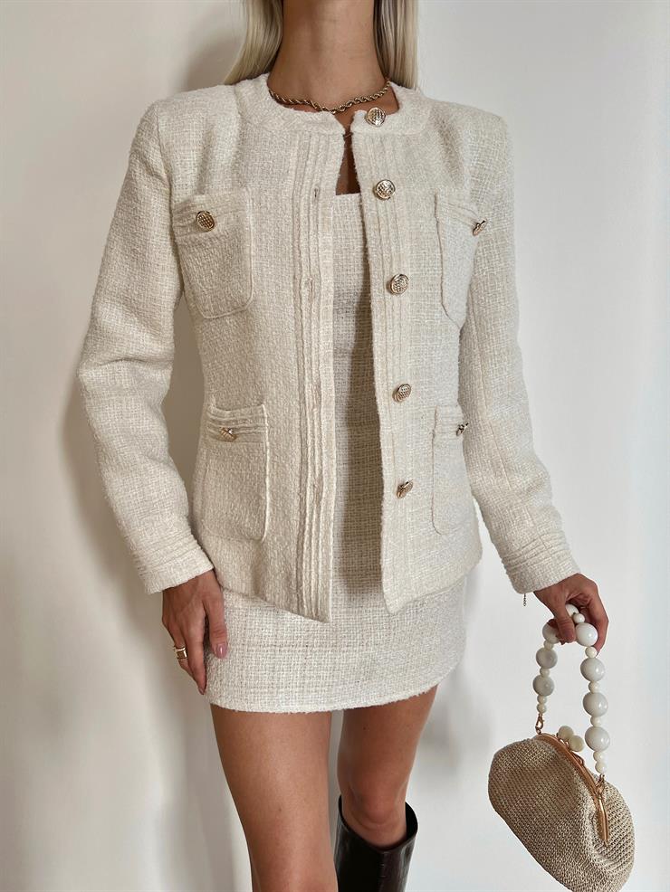 Kalın Askılı Önü Cep Detaylı Mini Elbise Düğme Kapamalı Ceket İlyane Kadın Ekru Tüvit Takım 24k000040