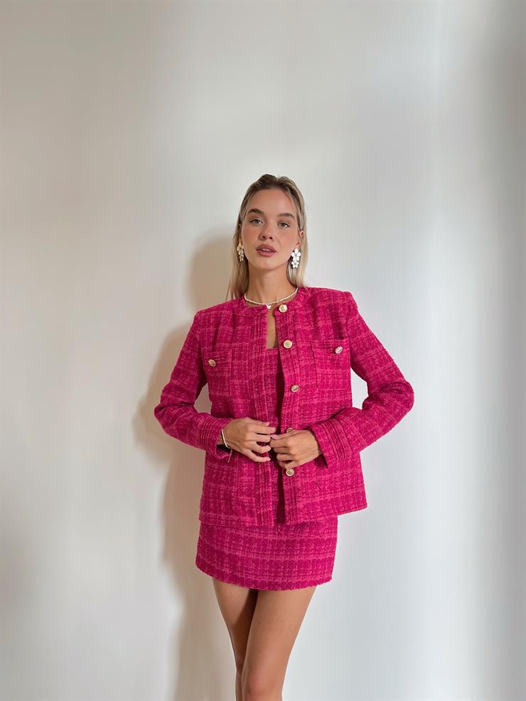Kalın Askılı Önü Cep Detaylı Mini Elbise Düğme Kapamalı Ceket İlyane Kadın Fuşya Tüvit Takım 24k000040