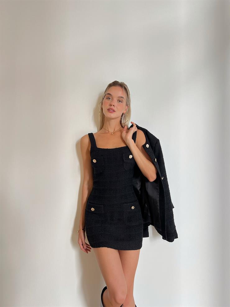 Kalın Askılı Önü Cep Detaylı Mini Elbise Düğme Kapamalı Ceket İlyane Kadın Siyah Tüvit Takım 24k000040