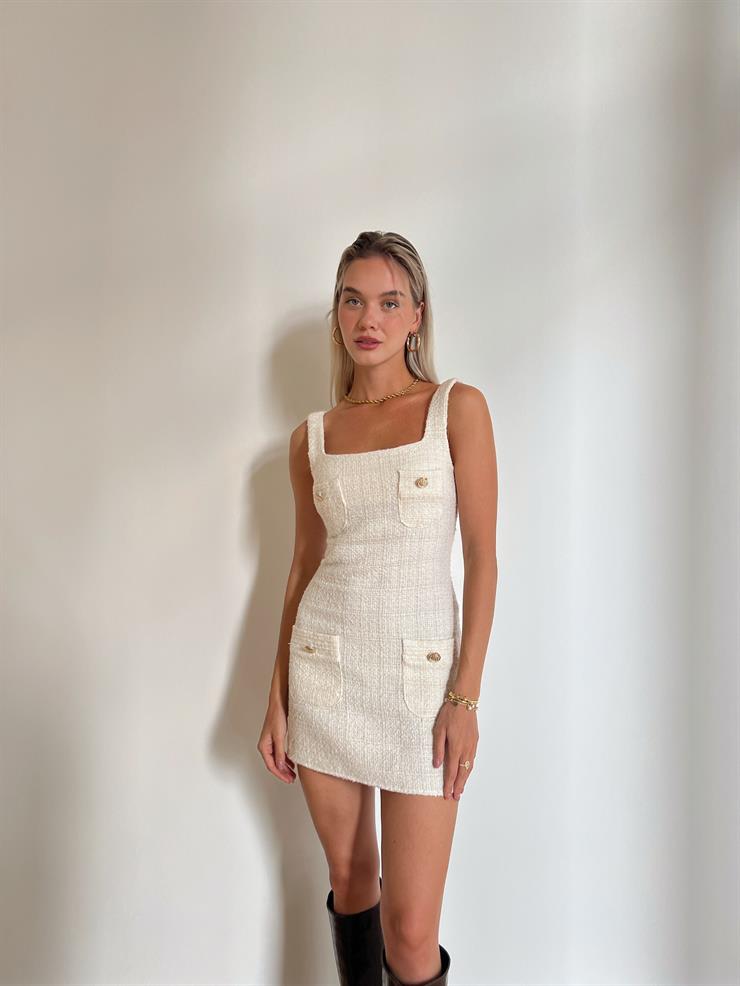 Kalın Askılı Önü Cep Detaylı Mini Elbise Düğme Kapamalı Ceket İlyane Kadın Ekru Tüvit Takım 24k000040