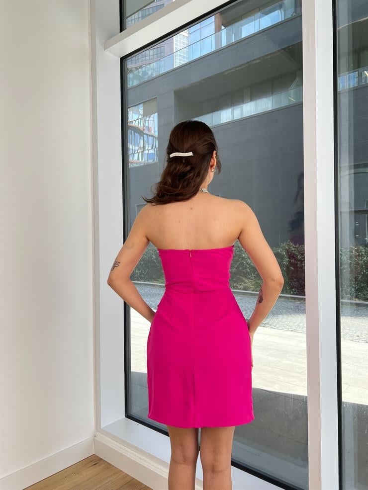 Straplez Korse Görünümlü Eteği Kruvaze Imre Kadın Fuşya Mini Elbise 24Y218