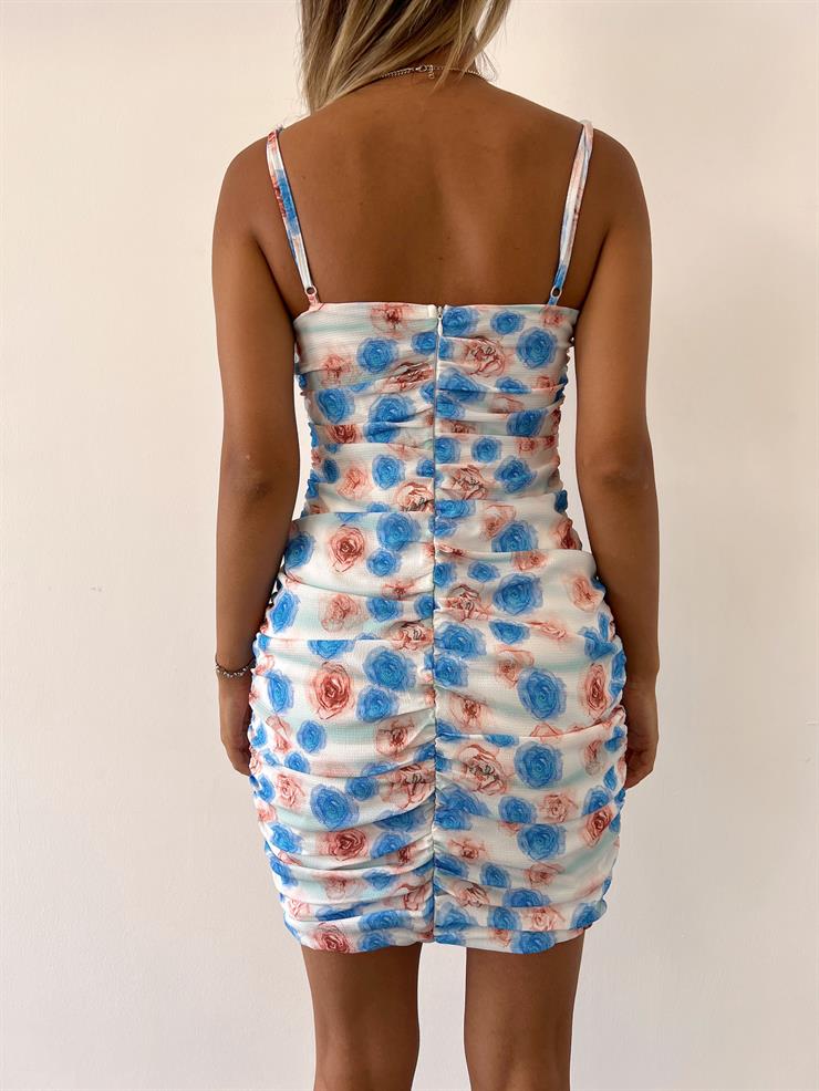 İnce Askı Çiçekli Drapeli Efren Kadın Mavi Mini Elbise 22Y000206