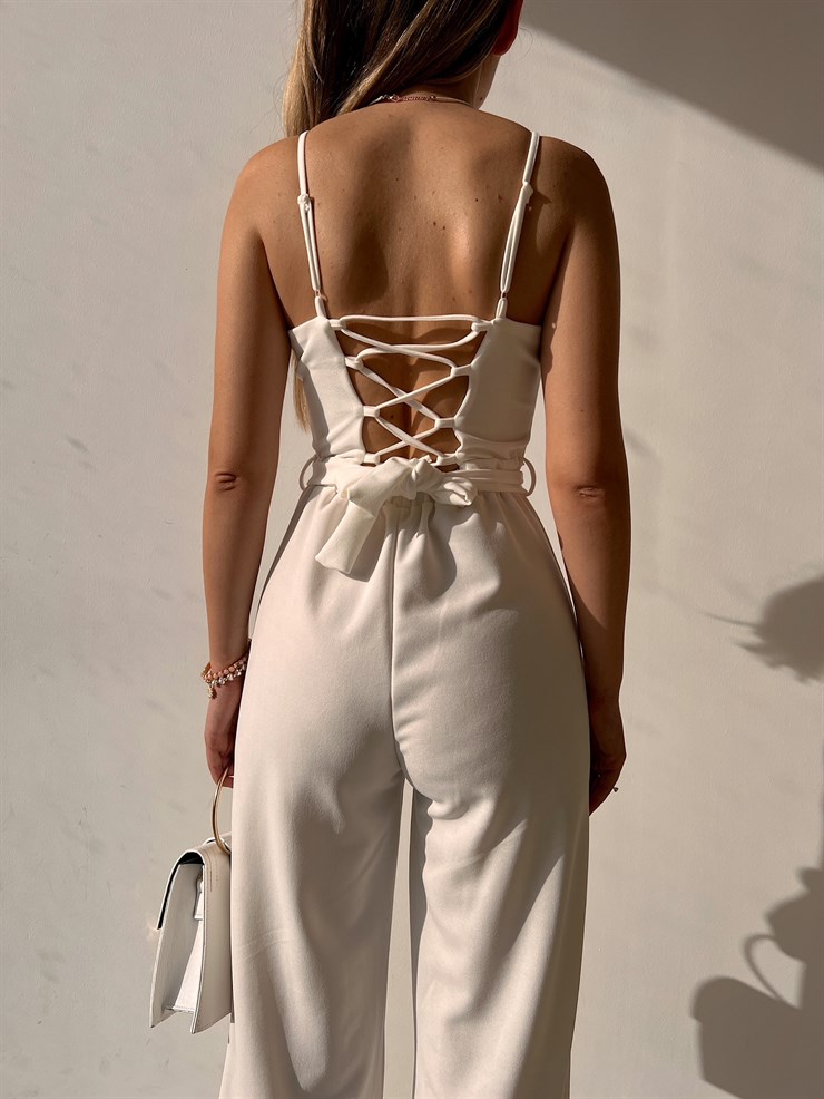 İnce Askı Göğüs Kuplu Geniş Paça Bethany Kadın Beyaz Tulum 22Y000014