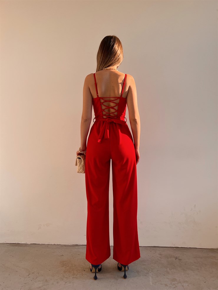 İnce Askı Göğüs Kuplu Geniş Paça Bethany Kadın Kırmızı Tulum 22Y000014