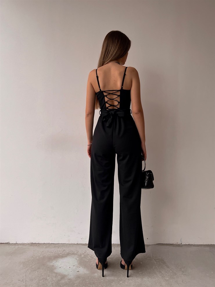 İnce Askı Göğüs Kuplu Geniş Paça Bethany Kadın Siyah Tulum 22Y000014