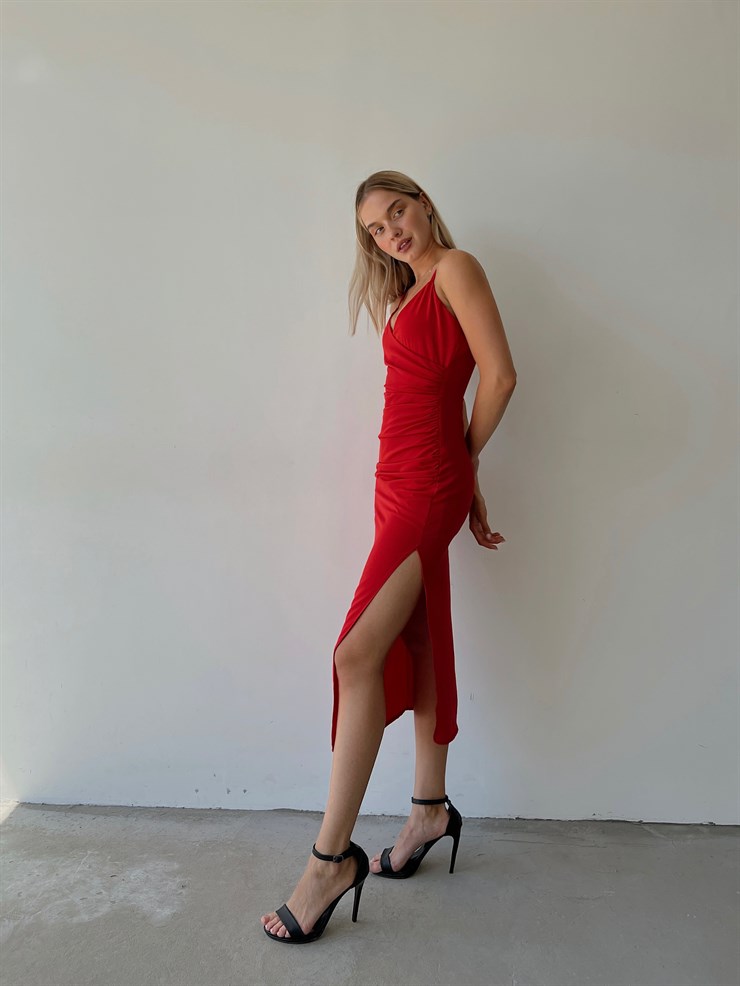 İnce Askı Kruvaze Yandan Yırtmaçlı Vanessa Kadın Nar Çiçeği Elbise 22K000541