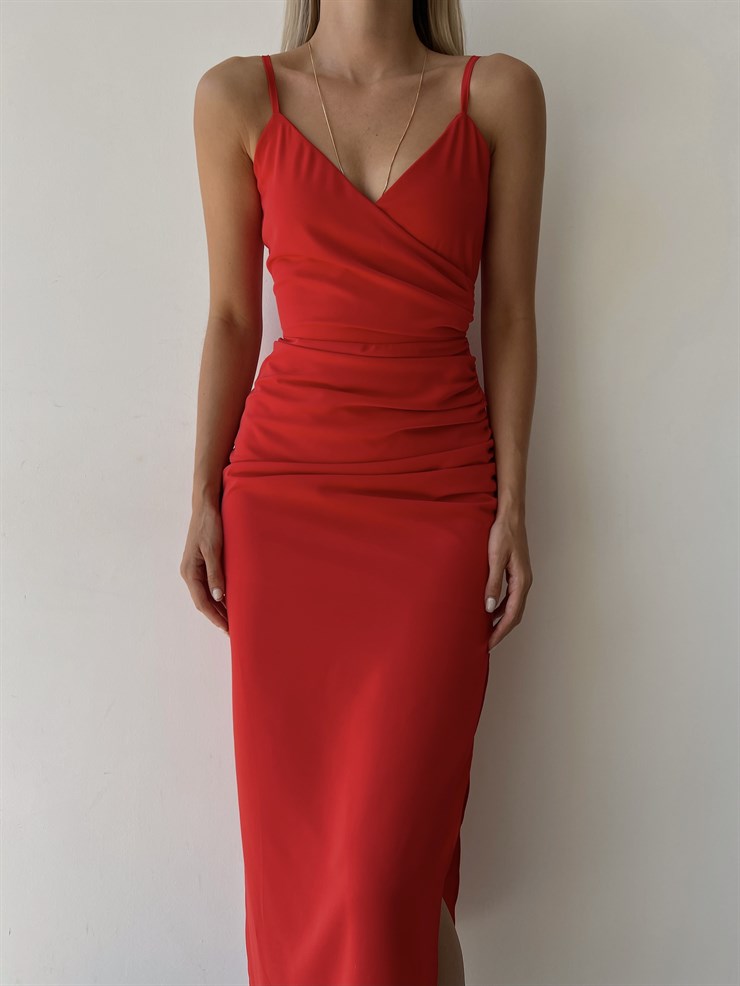 İnce Askı Kruvaze Yandan Yırtmaçlı Vanessa Kadın Nar Çiçeği Elbise 22K000541