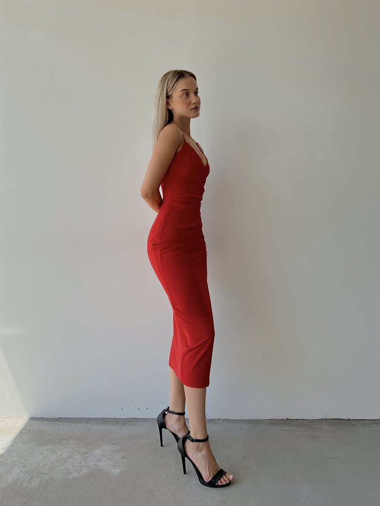 İnce Askı Kruvaze Yandan Yırtmaçlı Vanessa Kadın Nar Çiçeği Elbise 22K000541