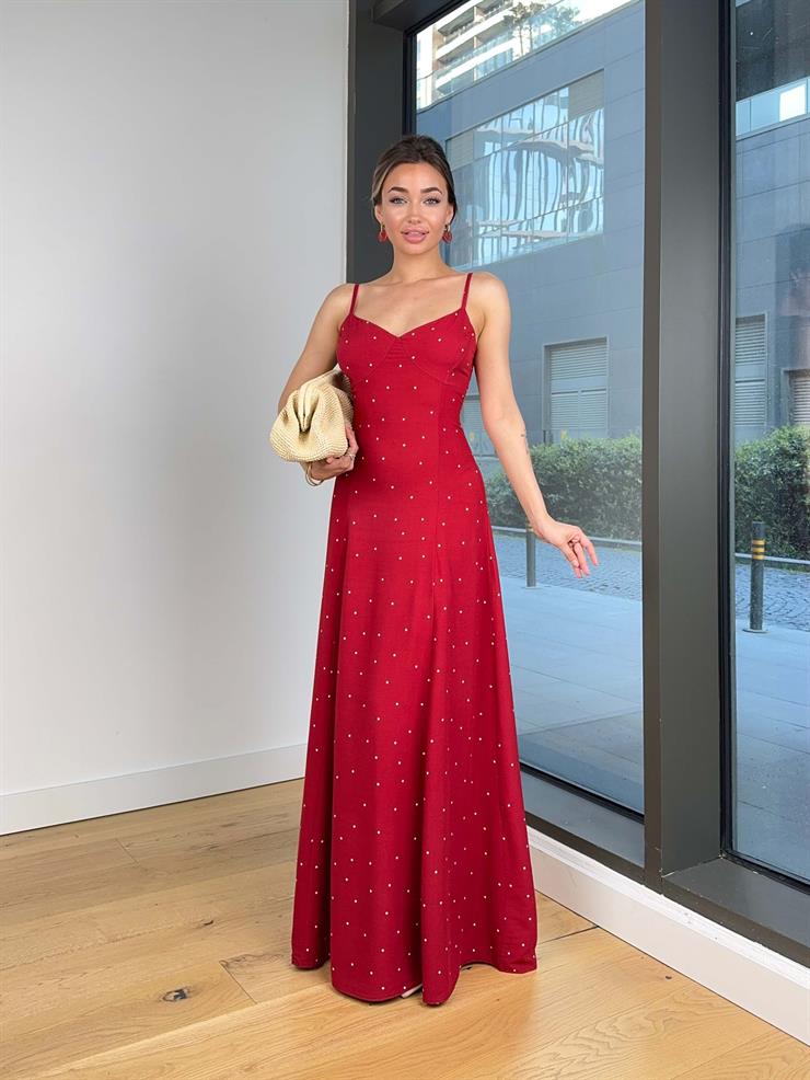 İnce Askılı Arkası Gipeli Nicoly Bordo Kadın Elbise 24Y104